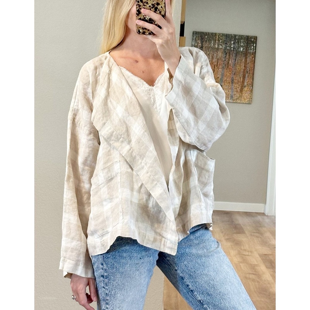 Eskandar 100% Linen Gingham Check Open Front Jacket Beige White Size 0 Oversized